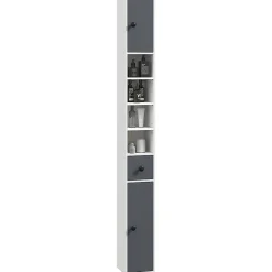 kleankin Meuble colonne salle de bain 2 portes 2 étagères 4 niches tiroir poignées métal noir panneaux blanc gris* Colonne De Salle De Bains