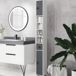 kleankin Meuble colonne salle de bain 2 portes 2 étagères 4 niches tiroir poignées métal noir panneaux blanc gris* Colonne De Salle De Bains