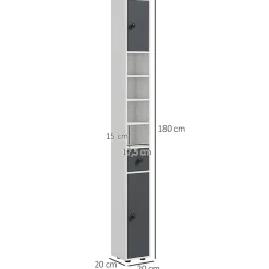 kleankin Meuble colonne salle de bain 2 portes 2 étagères 4 niches tiroir poignées métal noir panneaux blanc gris* Colonne De Salle De Bains
