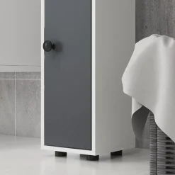 kleankin Meuble colonne salle de bain 2 portes 2 étagères 4 niches tiroir poignées métal noir panneaux blanc gris* Colonne De Salle De Bains