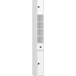 kleankin Meuble colonne salle de bain 2 portes 2 étagères 4 niches tiroir poignées métal noir panneaux blanc* Colonne De Salle De Bains