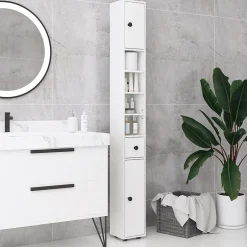 kleankin Meuble colonne salle de bain 2 portes 2 étagères 4 niches tiroir poignées métal noir panneaux blanc* Colonne De Salle De Bains
