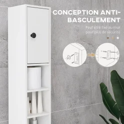 kleankin Meuble colonne salle de bain 2 portes 2 étagères 4 niches tiroir poignées métal noir panneaux blanc* Colonne De Salle De Bains