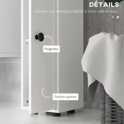 kleankin Meuble colonne salle de bain 2 portes 2 étagères 4 niches tiroir poignées métal noir panneaux blanc* Colonne De Salle De Bains