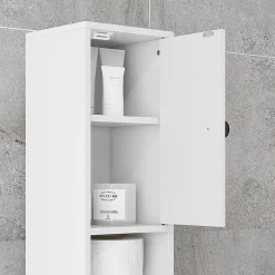 kleankin Meuble colonne salle de bain 2 portes 2 étagères 4 niches tiroir poignées métal noir panneaux blanc* Colonne De Salle De Bains