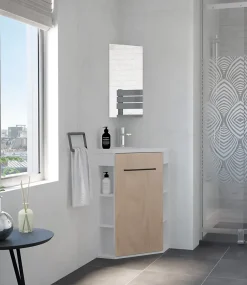 Ondee Meuble d’angle tout en un compact H.84 x l.46 cm, blanc mat, porte décor bois, Nova