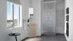 Ondee Meuble d’angle tout en un compact H.84 x l.46 cm, blanc mat, porte décor bois, Nova