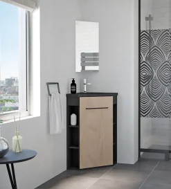 Ondee Meuble d’angle tout en un compact H.84 x l.46 cm, noir mat, porte décor bois, Nova* Lave-Mains|Meuble Vasque
