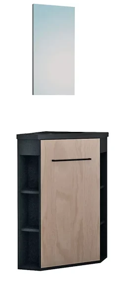 Ondee Meuble d’angle tout en un compact H.84 x l.46 cm, noir mat, porte décor bois, Nova* Lave-Mains|Meuble Vasque