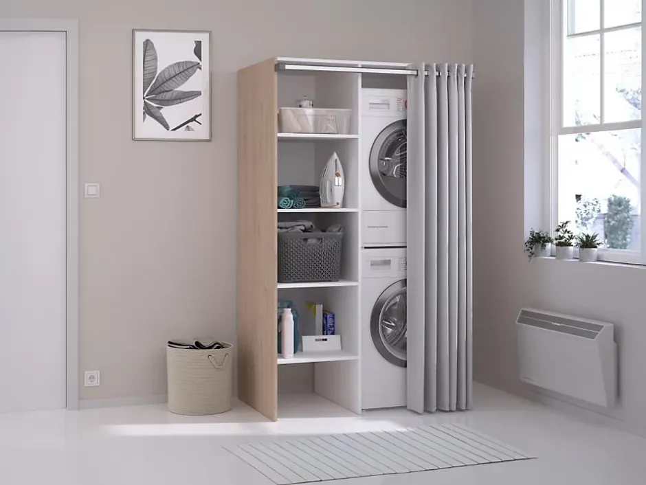 Vente-unique Meuble de buanderie avec rideau pour double machine à laver - Naturel clair - L111 x H184 cm - JAZANO