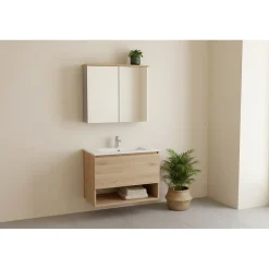 Meublorama Meuble de rangement de salle de bain ERMANO Finition bois et gris brillant, 80 cm