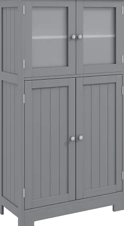 Giantex Meuble de Rangement Placard Buffet sur Pied avec Etagère Réglable avec 4 Portes et Verre Trempé Gris* Armoire De Salle De Bains|Meuble De Salle De Bains Faible Profondeur