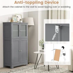 Giantex Meuble de Rangement Placard Buffet sur Pied avec Etagère Réglable avec 4 Portes et Verre Trempé Gris* Armoire De Salle De Bains|Meuble De Salle De Bains Faible Profondeur