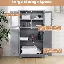 Giantex Meuble de Rangement Placard Buffet sur Pied avec Etagère Réglable avec 4 Portes et Verre Trempé Gris* Armoire De Salle De Bains|Meuble De Salle De Bains Faible Profondeur