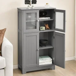 Giantex Meuble de Rangement Placard Buffet sur Pied avec Etagère Réglable avec 4 Portes et Verre Trempé Gris* Armoire De Salle De Bains|Meuble De Salle De Bains Faible Profondeur