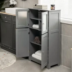 Giantex Meuble de Rangement Placard Buffet sur Pied avec Etagère Réglable avec 4 Portes et Verre Trempé Gris* Armoire De Salle De Bains|Meuble De Salle De Bains Faible Profondeur