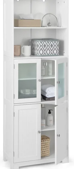 Giantex Meuble de Rangement pour Salle de Bain avec 3 Parties, Rangement 6 Niveaux avec 2 étagères Ouvertes et 2 Compartiments, Blanc* Armoire De Salle De Bains|Meuble De Salle De Bains Faible Profondeur