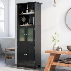 Giantex Meuble de Rangement pour Salle de Bain avec 3 Parties,6 Niveaux ,2 Étagères et 2 Compartiments,Portes en Verre et Poignées(Noir)* Armoire De Salle De Bains