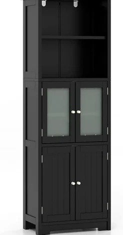 Giantex Meuble de Rangement pour Salle de Bain avec 3 Parties,6 Niveaux ,2 Étagères et 2 Compartiments,Portes en Verre et Poignées(Noir)* Armoire De Salle De Bains