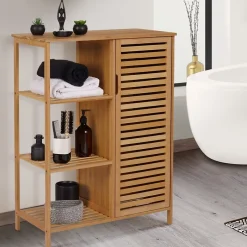 IDMarket Meuble de rangement salle de bain bambou BEA 3 étagères avec placard* Armoire De Salle De Bains