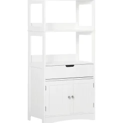 kleankin Meuble de rangement salle de bain - 2 portes, tiroir, 3 étagères - dim. 60L x 33l x 122H cm - MDF blanc* Armoire De Salle De Bains