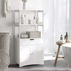 kleankin Meuble de rangement salle de bain - 2 portes, tiroir, 3 étagères - dim. 60L x 33l x 122H cm - MDF blanc* Armoire De Salle De Bains