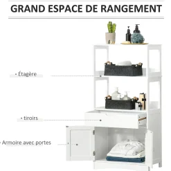 kleankin Meuble de rangement salle de bain - 2 portes, tiroir, 3 étagères - dim. 60L x 33l x 122H cm - MDF blanc* Armoire De Salle De Bains