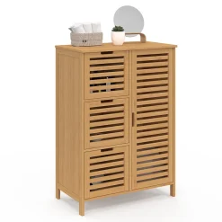 IDMarket Meuble de rangement salle de bain bambou BEA 3 tiroirs avec placard
