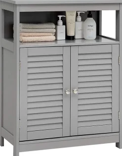 Giantex Meuble de Rangement sur Pieds Armoire de Salle de Bain en MDF avec 2 Portes a Volets et Etagere Reglable