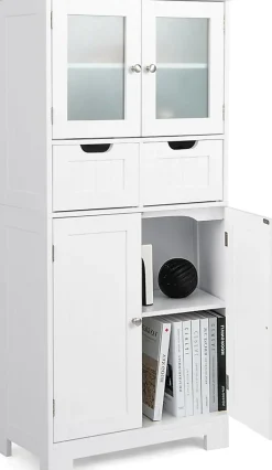 Giantex Meuble de Rangement sur Pied avec Compartiment à Porte en Verre Trempé 2 Tiroirs et 1 Cabinet Clôturé Meuble dIntérieur