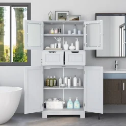 Giantex Meuble de Rangement sur Pied avec Compartiment à Porte en Verre Trempé 2 Tiroirs et 1 Cabinet Clôturé Meuble dIntérieur