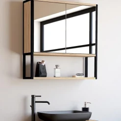 IDMarket Meuble de rangement suspendu avec miroir pour salle de bain DETROIT design industriel