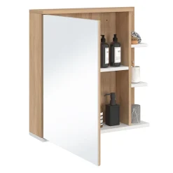 IDMarket Meuble de rangement suspendu avec miroir et étagères pour salle de bain TOMI façon hêtre et blanc