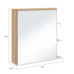 IDMarket Meuble de rangement suspendu avec miroir et étagères pour salle de bain TOMI façon hêtre et blanc