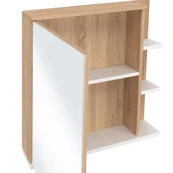 IDMarket Meuble de rangement suspendu avec miroir et étagères pour salle de bain TOMI façon hêtre et blanc