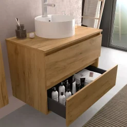 Planète Bain Meuble de salle de bain - 80 cm - Avec vasque à poser - Effet chêne brut - A suspendre - KARAIB* Meuble Vasque