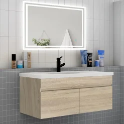 AICA Sanitaire Meuble de salle de bain 100 cm avec vasque suspendu 2 portes, meuble bois clair* Meuble Vasque