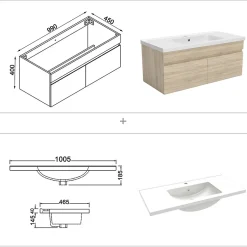 AICA Sanitaire Meuble de salle de bain 100 cm avec vasque suspendu 2 portes, meuble bois clair* Meuble Vasque