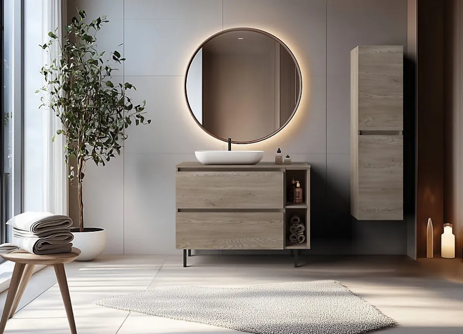 3xE Living Meuble de salle de bain 100 cm (80+20) avec plan de travail supérieur + pieds meuble, Couleur: Chêne Foncé, 100 x 46 x 80,7 cm* Lave-Mains