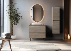 3xE Living Meuble de salle de bain 80 cm avec plan de travail supérieur + pieds meuble, Couleur: Chêne Foncé, 80 x 46 x 80,7 cm