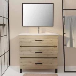 Aurlane Meuble de salle de bain 80 cm - Chêne industriel - 3 Tiroirs - Vasque et Miroir* Ensemble Meuble De Salle De Bains