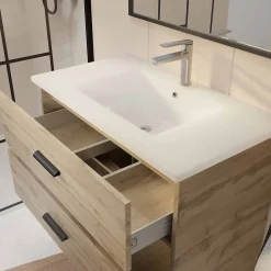 Aurlane Meuble de salle de bain 80 cm - Chêne industriel - 3 Tiroirs - Vasque et Miroir* Ensemble Meuble De Salle De Bains