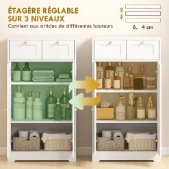 Homcom Meuble de salle de bain - 2 tiroirs, 2 portes, étagères réglables - dim. 60 x 30 x 108 cm - blanc