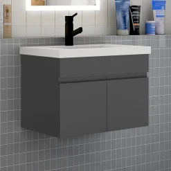 AICA Sanitaire Meuble de salle de bain 60 cm avec vasque suspendu 2 portes meuble de salle de bain anthracite