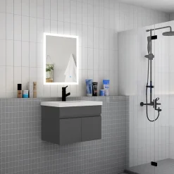 AICA Sanitaire Meuble de salle de bain 60 cm avec vasque suspendu 2 portes meuble de salle de bain anthracite