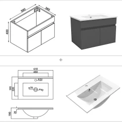 AICA Sanitaire Meuble de salle de bain 60 cm avec vasque suspendu 2 portes meuble de salle de bain anthracite