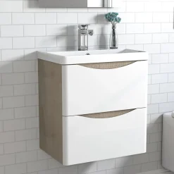AICA Sanitaire Meuble de salle de bain avec vasque 50 cm, meuble blanc et bois avec 2 tiroirs, meuble démonté