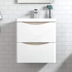 AICA Sanitaire Meuble de salle de bain avec vasque 50 cm, meuble blanc et bois avec 2 tiroirs, meuble démonté