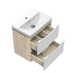 AICA Sanitaire Meuble de salle de bain avec vasque 50 cm, meuble blanc et bois avec 2 tiroirs, meuble démonté