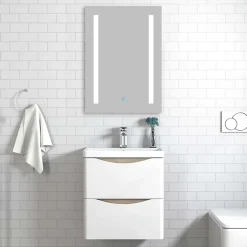 AICA Sanitaire Meuble de salle de bain avec vasque 50 cm, meuble blanc et bois avec 2 tiroirs, meuble démonté